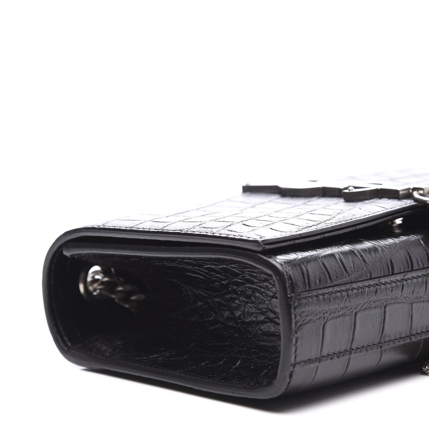 Calfskin Crocodile Embossed Monogram Small Kate Tassel Satchel Black