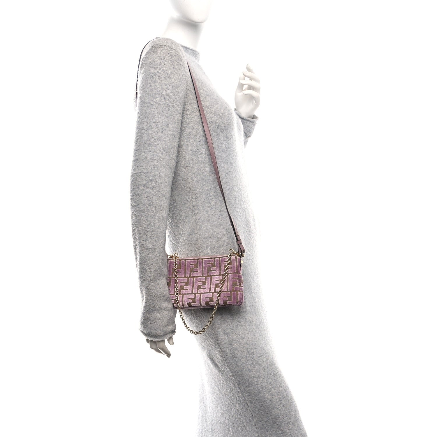 Fendi Velvet Jacquard FF Baguette Pouch Mauve Beige 2 of 11
