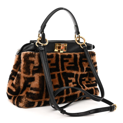 Fendi Shearling Nappa Macro FF 1974 Mini Peekaboo Iconic Satchel Tobacco Black 3 of 10