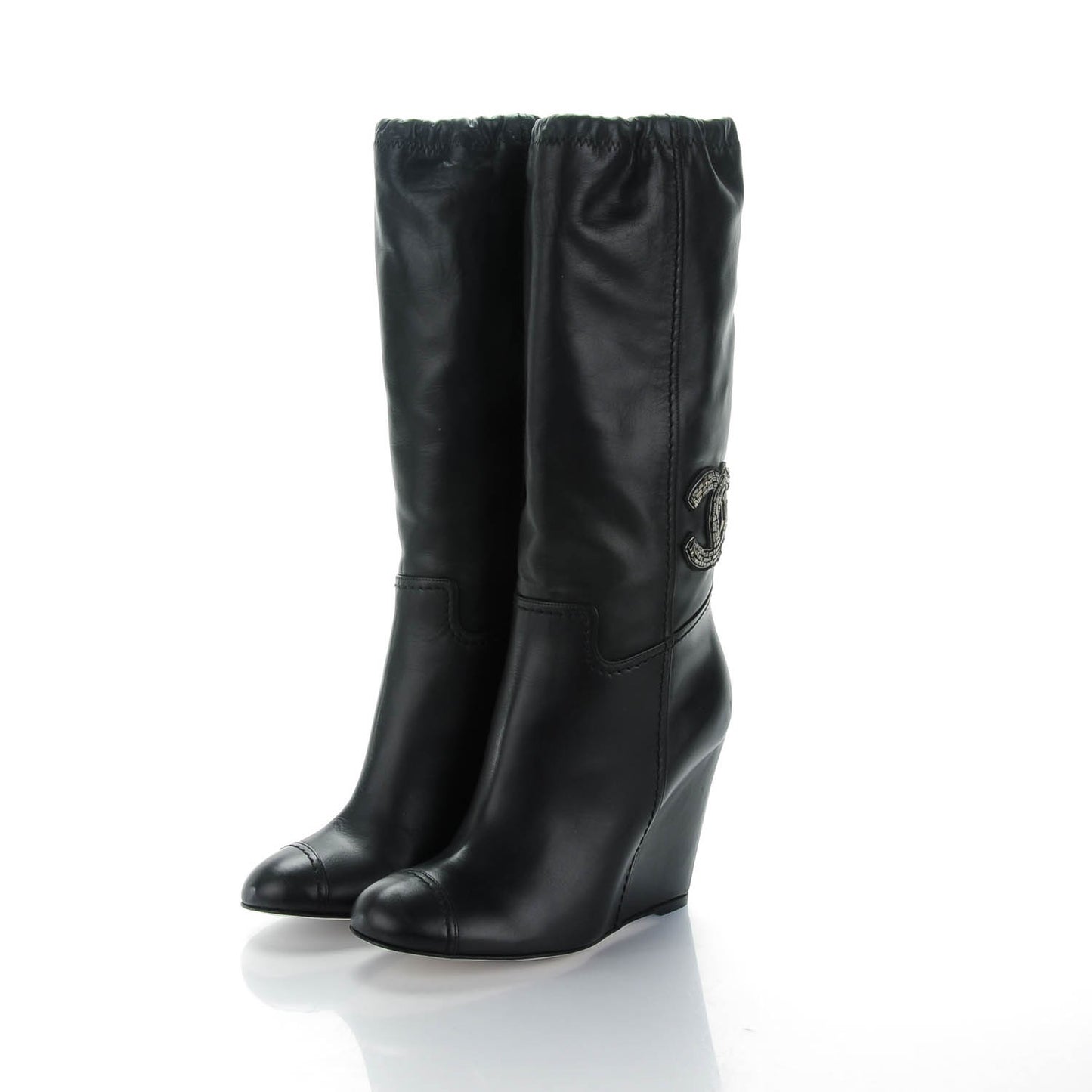 Lambskin Beaded CC Wedge Boots 37.5 Black