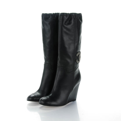 Chanel Lambskin Beaded CC Wedge Boots 37.5 Black 3 of 6