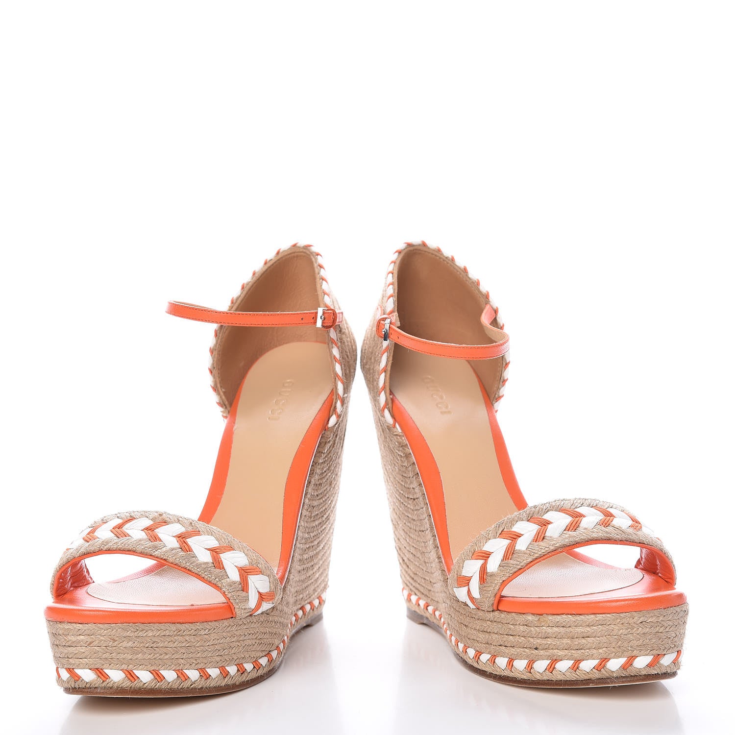 Gucci Raffia Woven Tiffany Espadrille Platform Wedge Sandals 39 Natural White Vibrant Orange 6 of 12