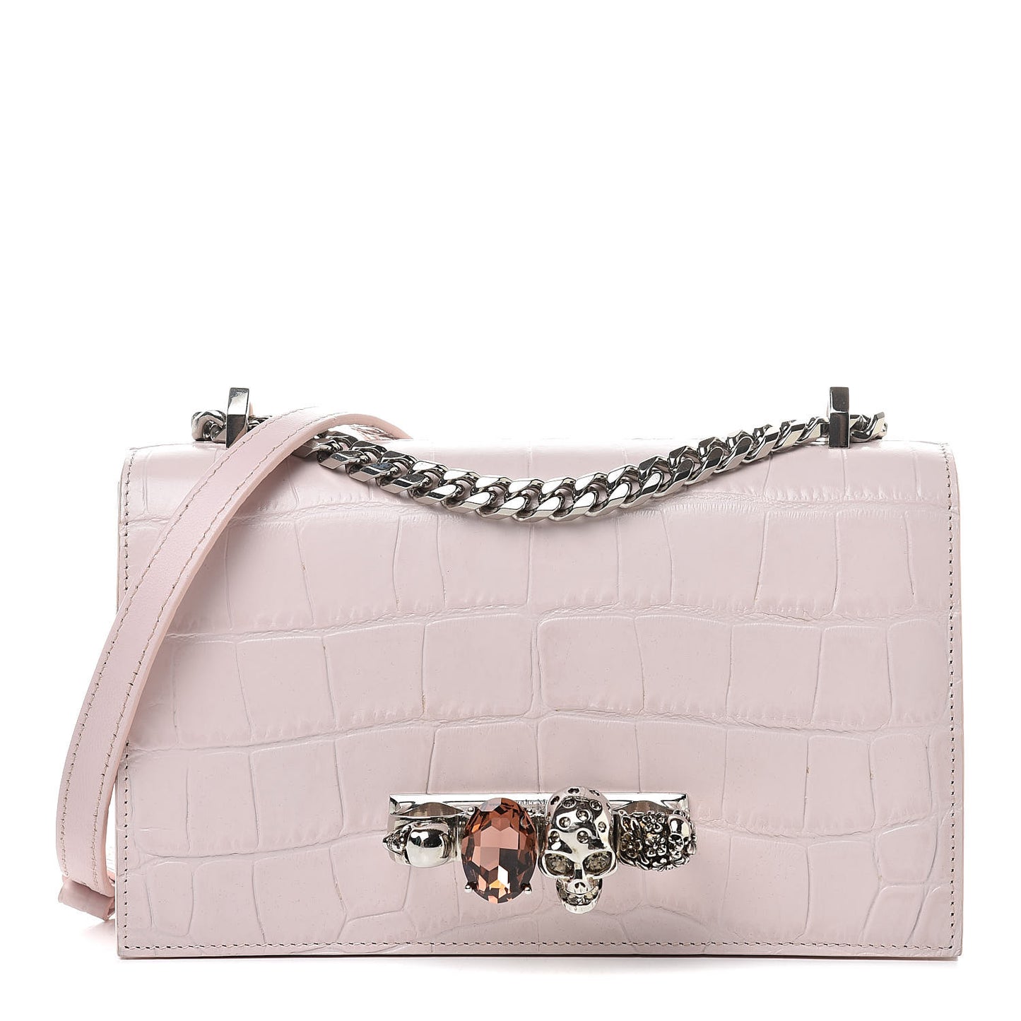 Calfskin Crocodile Embossed Knuckle Shoulder Bag Light Pink
