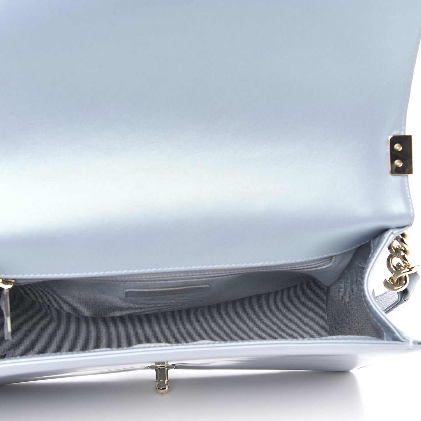 Iridescent Glazed Calfskin Quilted New Medium Boy Flap Light Blue