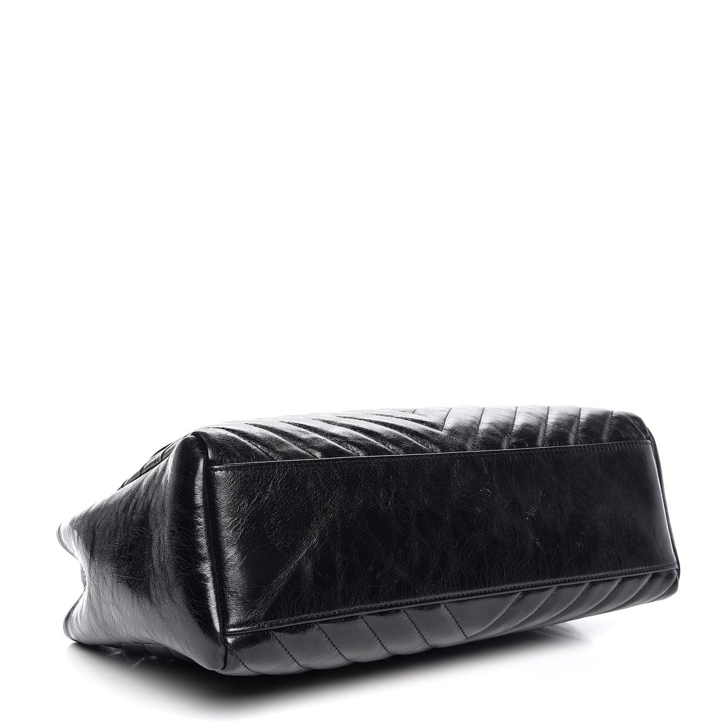 Glazed Calfskin Chevron Quilted Large Hampton Flap Black