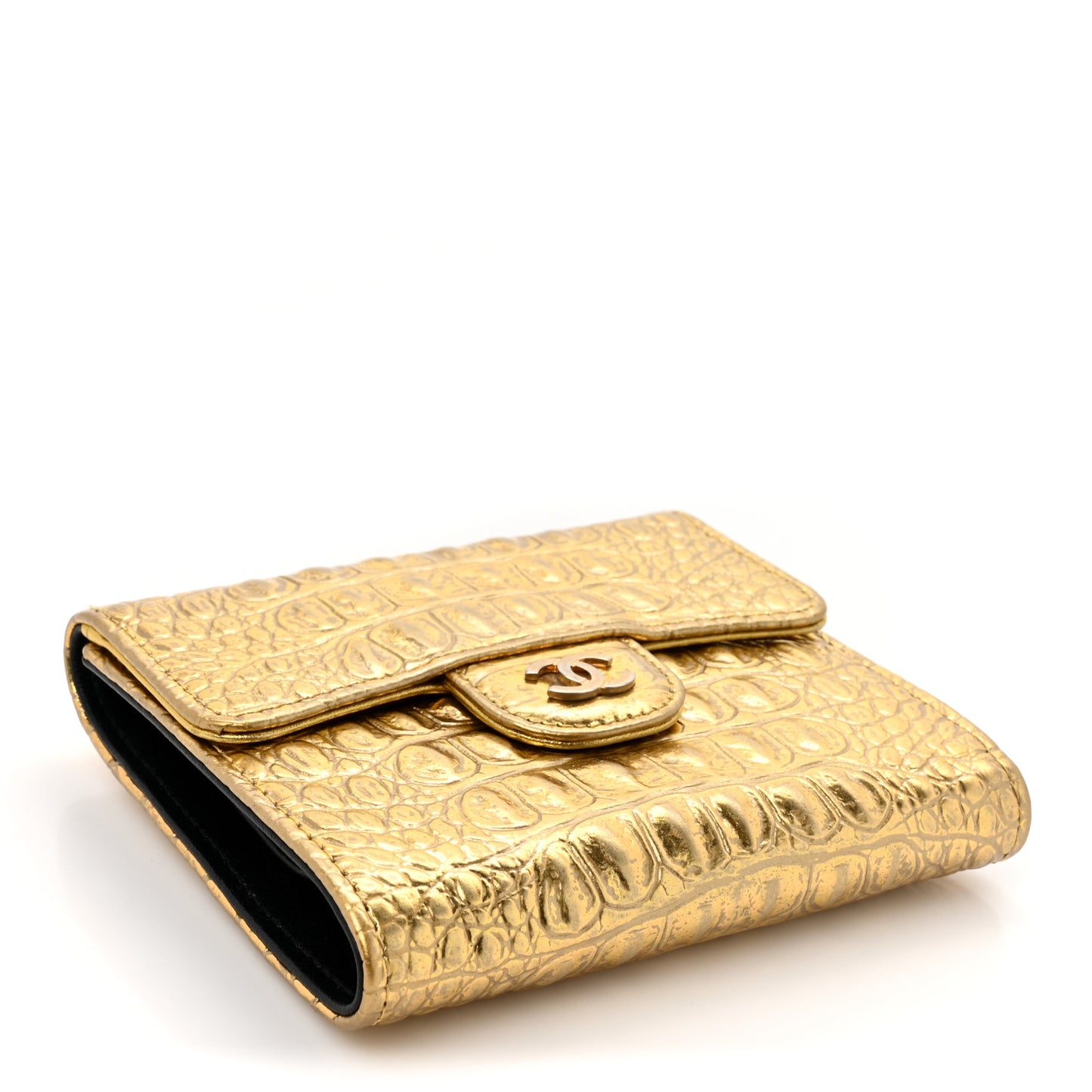 Metallic Calfskin Crocodile Embossed Cocodile Compact Flap Wallet Gold