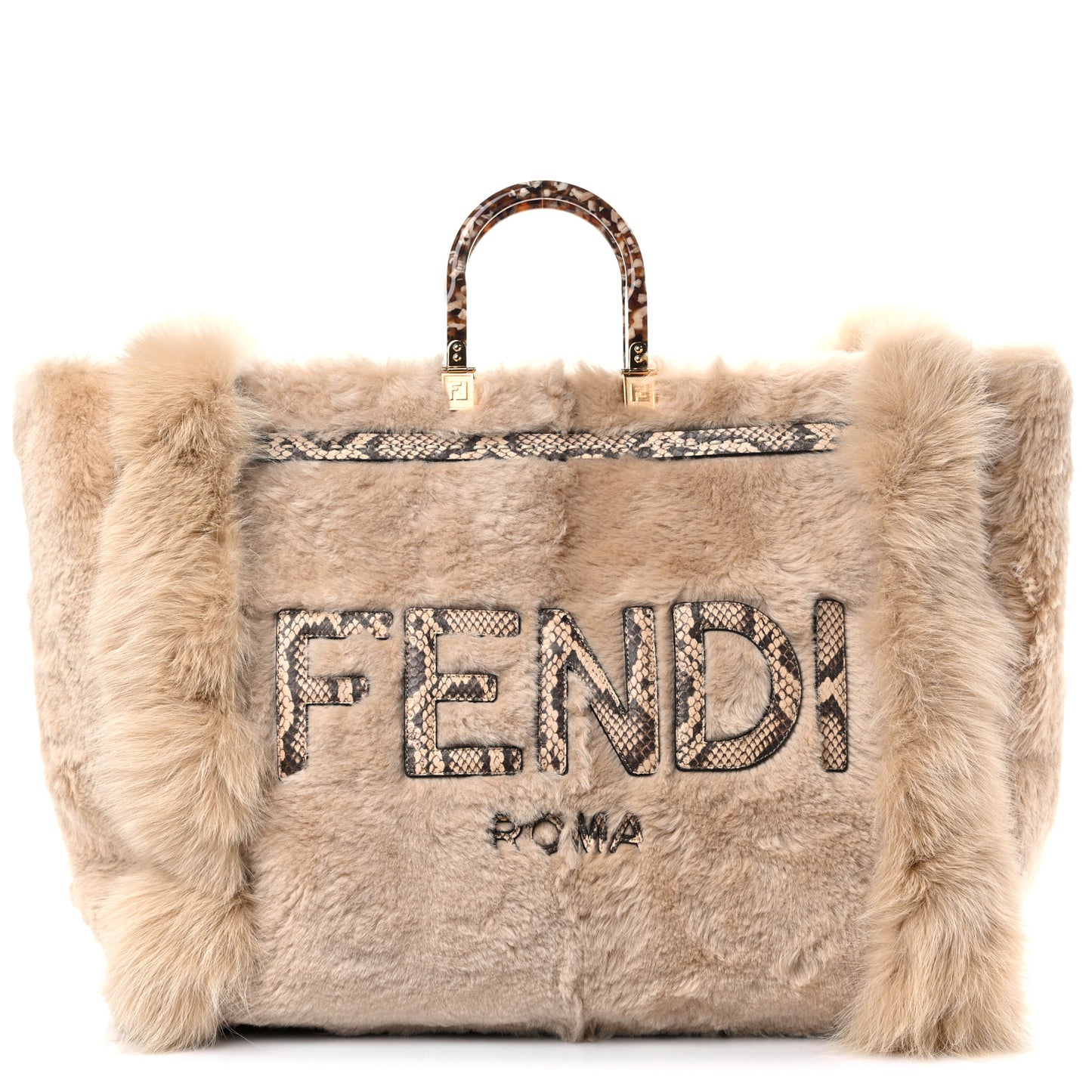Fox Fur Sheepskin Elaphe Plexiglass FF Embossed XL Fendi Sunshine Shopper Tote Natural