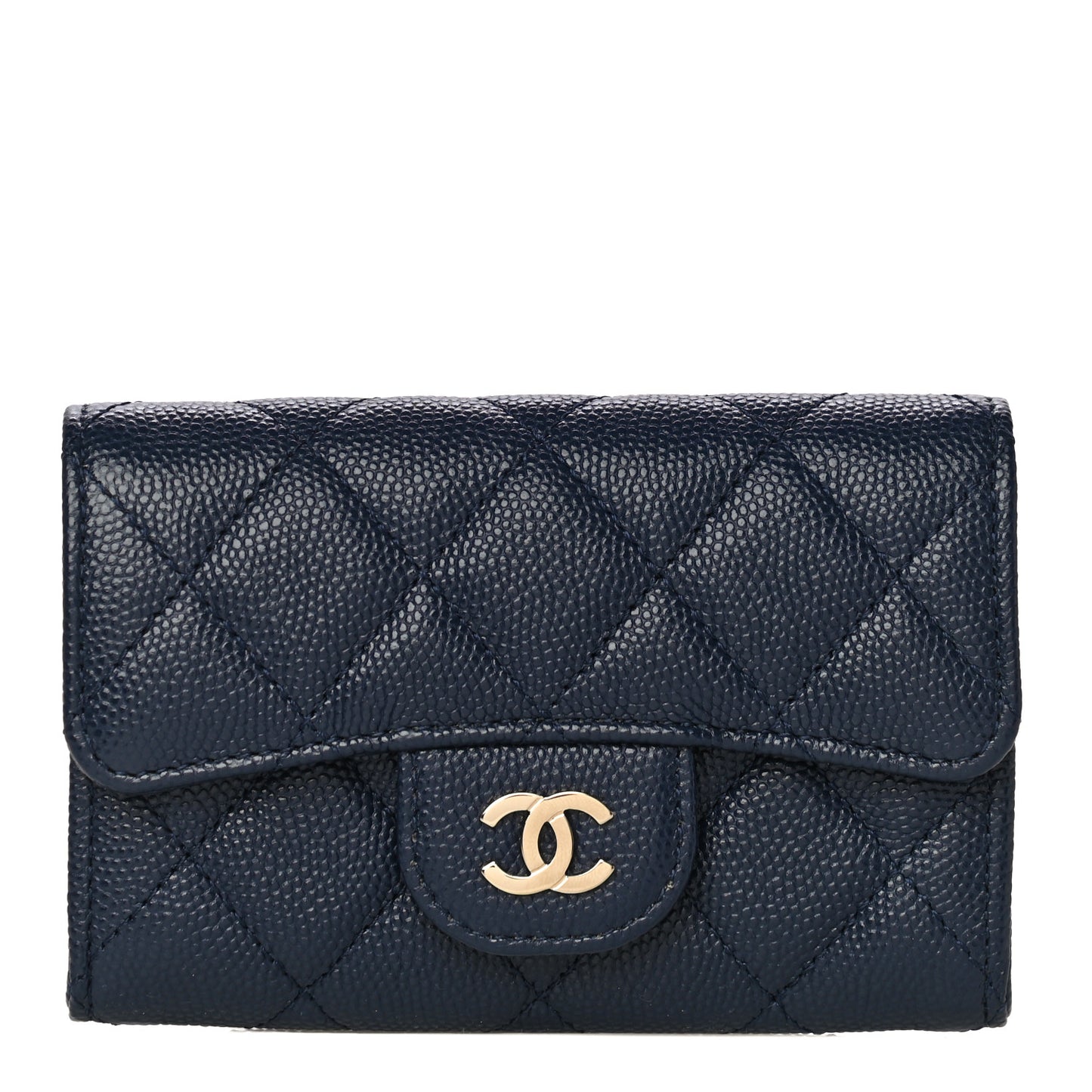 Caviar Quilted Flap Card Holder Wallet Navy Blue