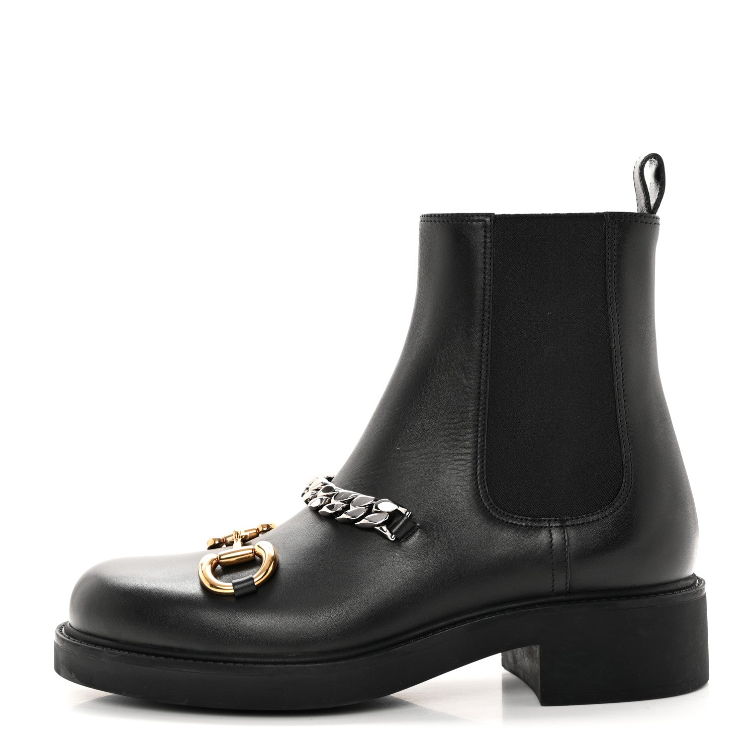 Gucci Flores Calfskin Horsebit Chain Ankle Boots 40.5 Black 1 of 11