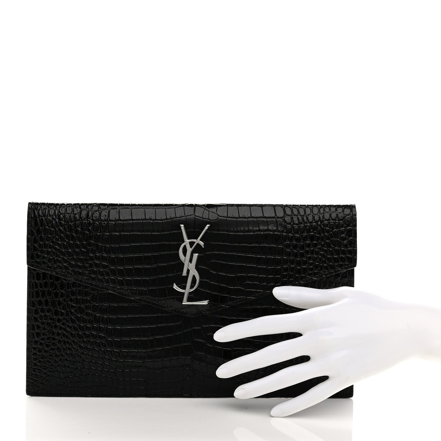 Saint Laurent Calfskin Crocodile Embossed Uptown Monogram Pouch Black 2 of 8