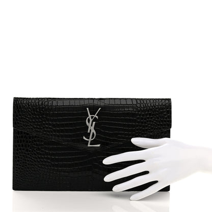 Saint Laurent Calfskin Crocodile Embossed Uptown Monogram Pouch Black 2 of 8