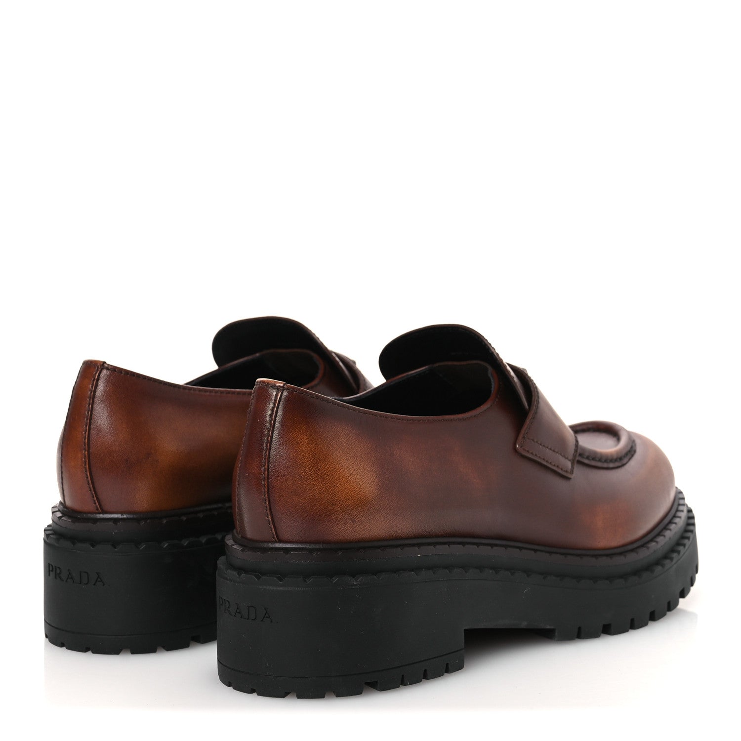 Prada Vitello Fume Metal Triangle Logo 50mm Loafers 40.5 Cognac 5 of 11