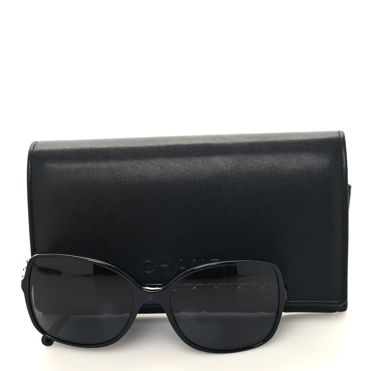 Acetate Metal Calfskin Square Chain Sunglasses 5210-Q Black Gray