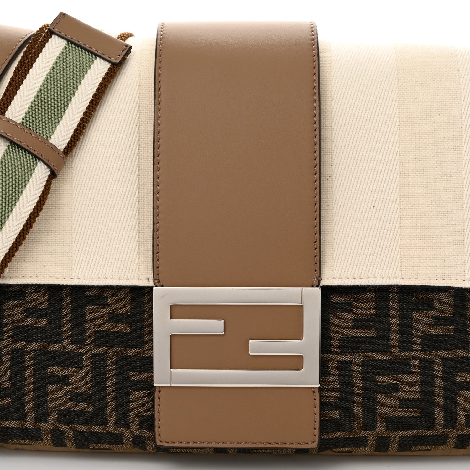 Fendi Fabric Jacquard Canvas Vitello Grace Pequin FF 1974 Large Convertible Baguette Tobacco Moro Grezzo Sand 8 of 10