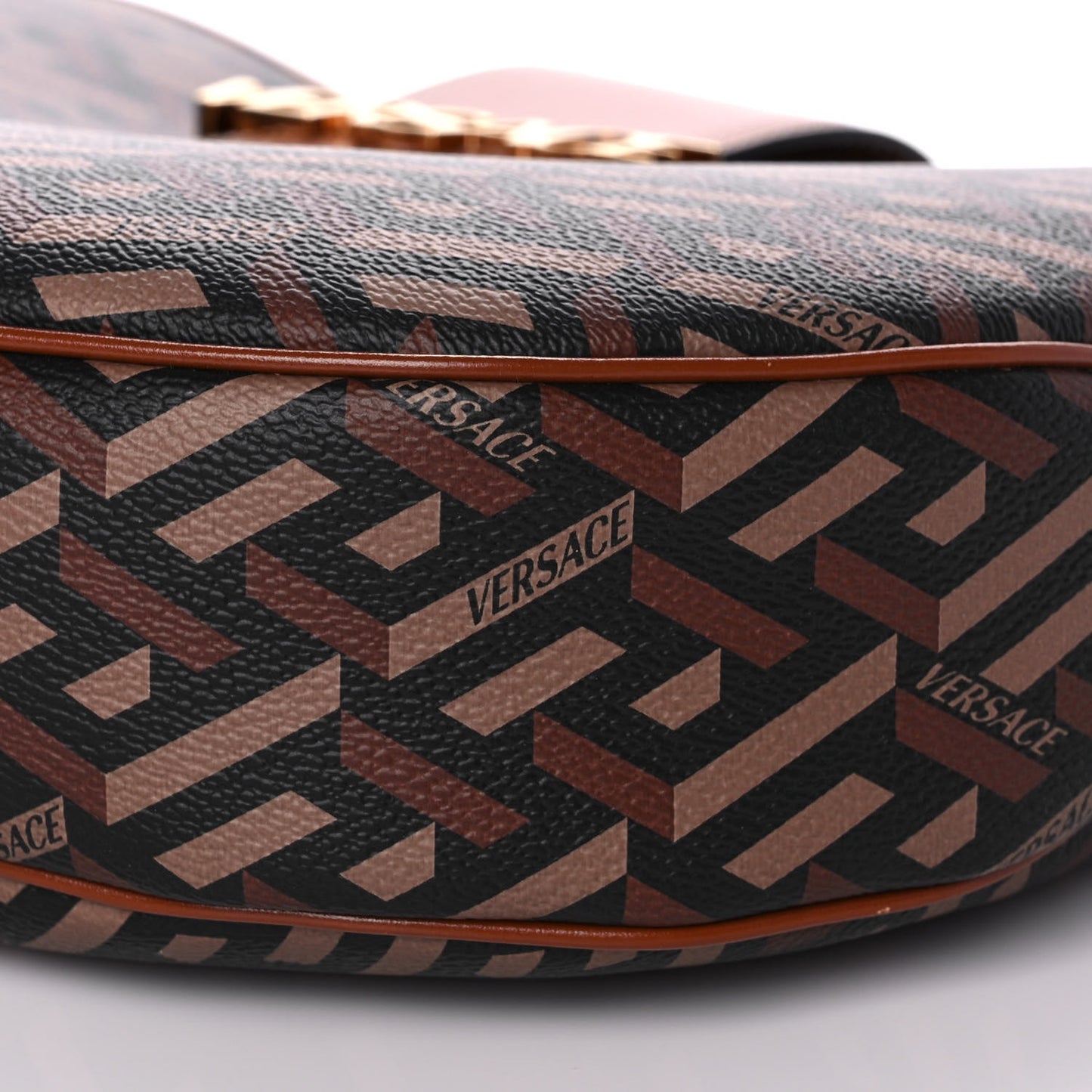 Coated Canvas Calfskin La Greca Signature Shoulder Bag Black Caramel