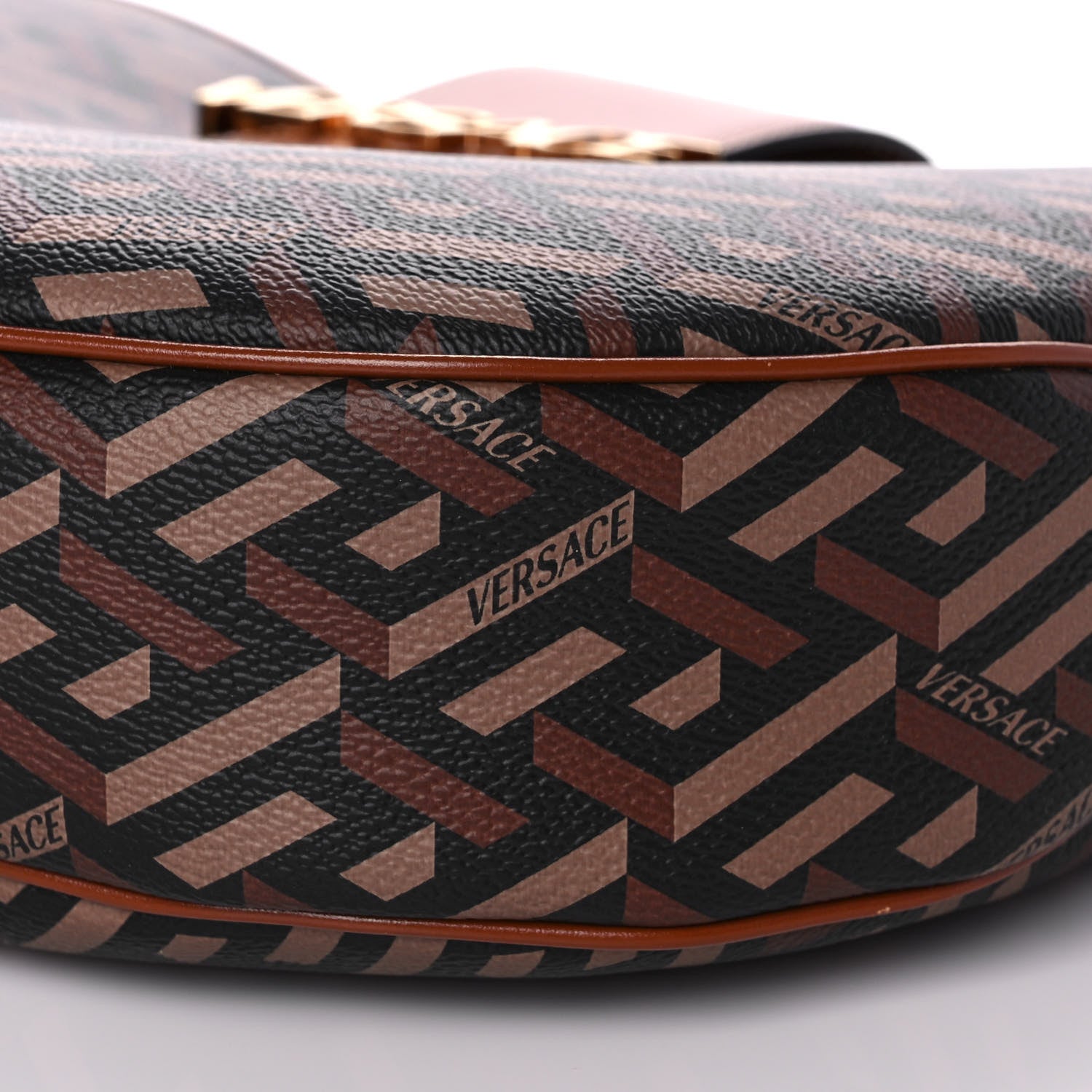 Versace Coated Canvas Calfskin La Greca Signature Shoulder Bag Black Caramel 9 of 12