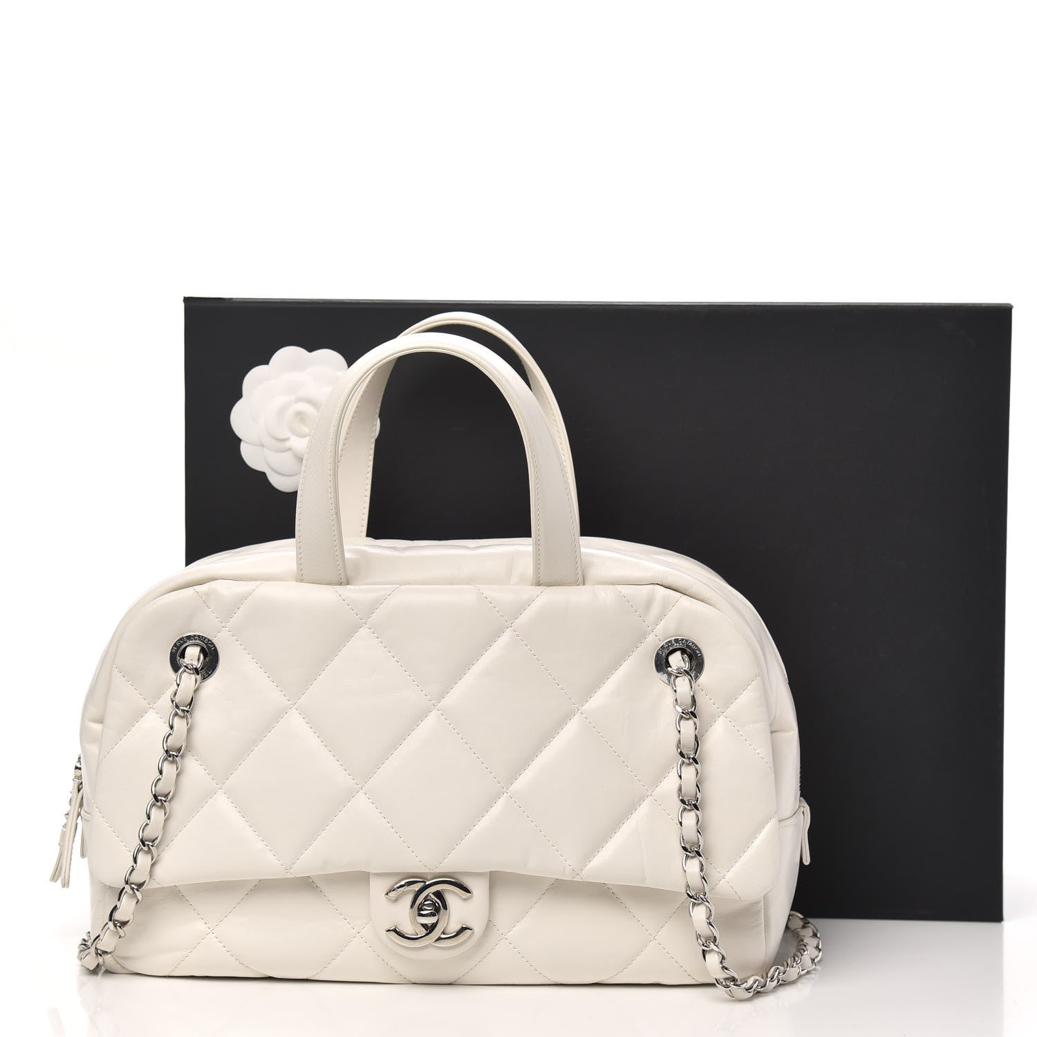 Chanel Aged Calfskin Quilted Small Express Bowling Bag White 11 of 11