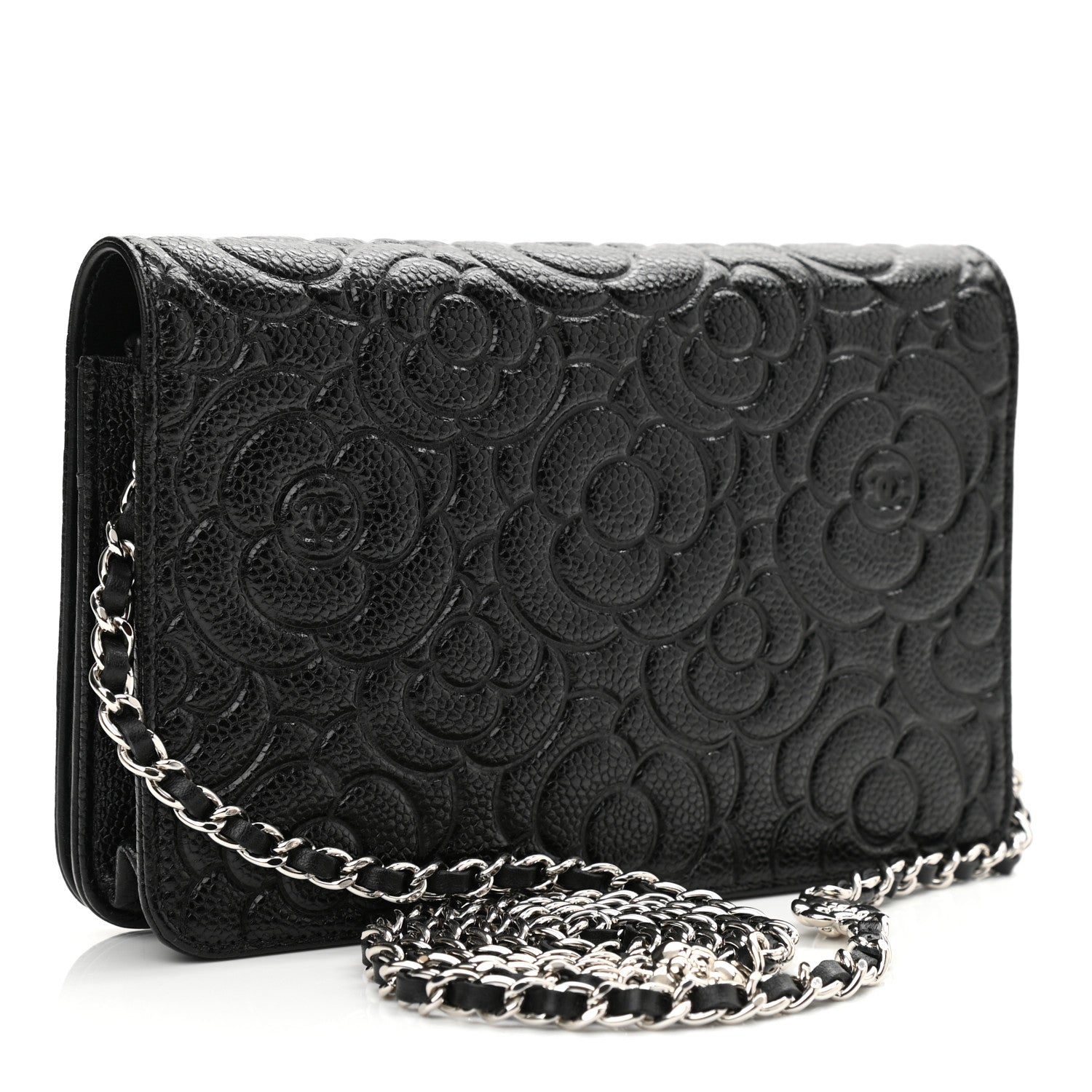 Chanel Caviar Camellia Embossed Wallet On Chain WOC Black 3 of 11
