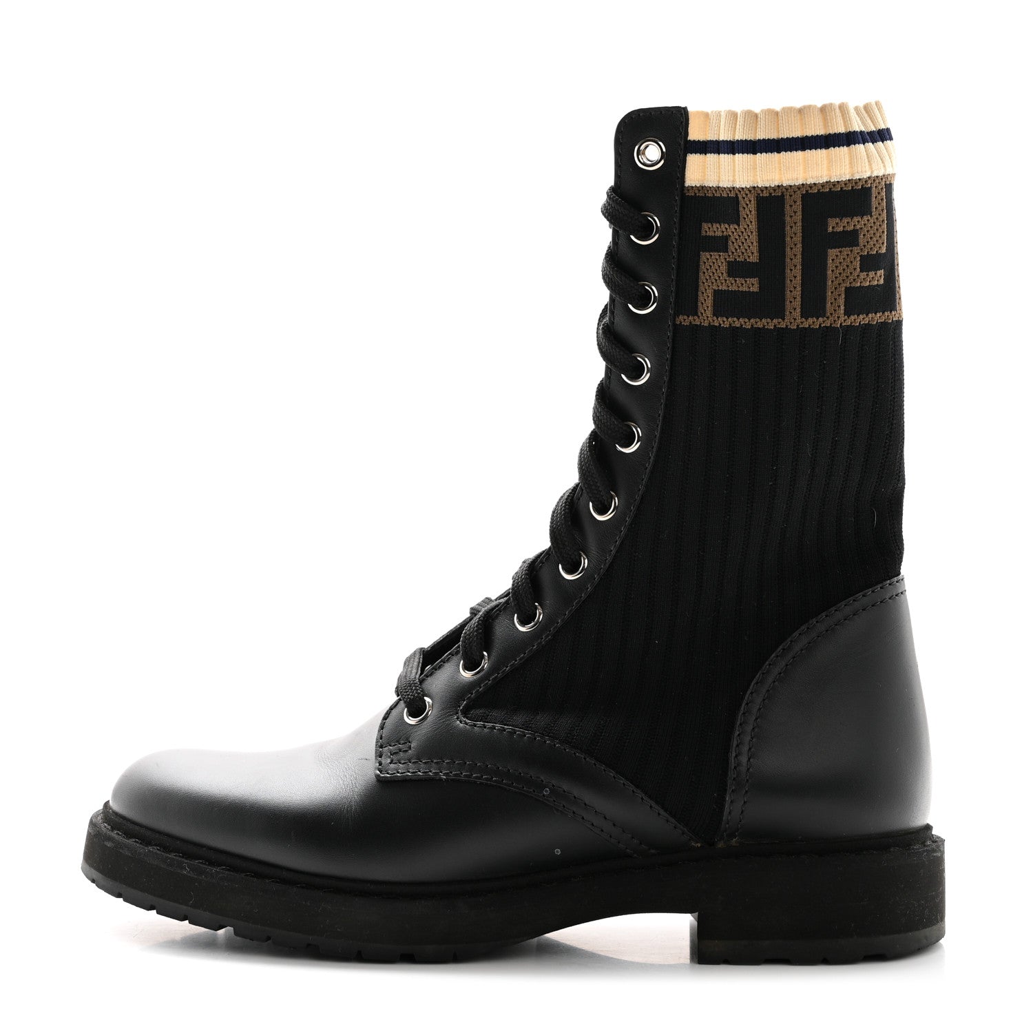 Fendi Calfskin Stretch Fabric Rockoko Biker Boots 37 Tobacco Black Marino 1 of 9