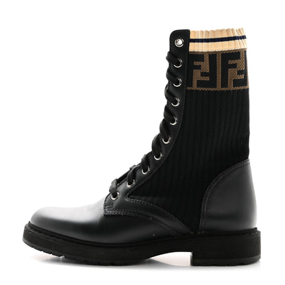 Fendi Calfskin Stretch Fabric Rockoko Biker Boots 37 Tobacco Black Marino 1 of 9