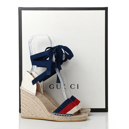 Gucci Canvas Sylvie Web Ankle Wrap Espadrille Wedge Sandals 36 Mystic White Hibiscus Red Maritime 8 of 8