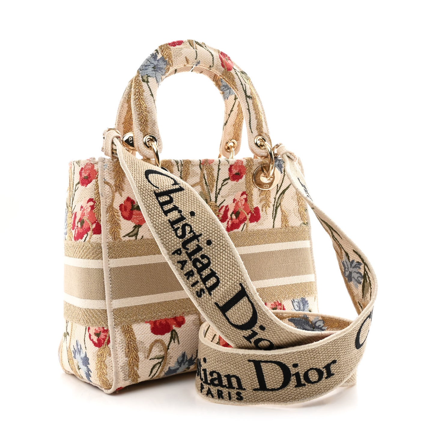 Canvas Embroidered Hibiscus Printed Medium Lady D-Lite Beige Multicolor