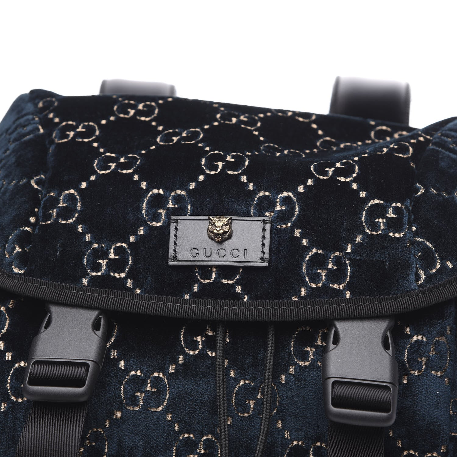 Gucci Velvet GG Monogram Web Medium Double Buckle Backpack Blue Beige Black 9 of 9