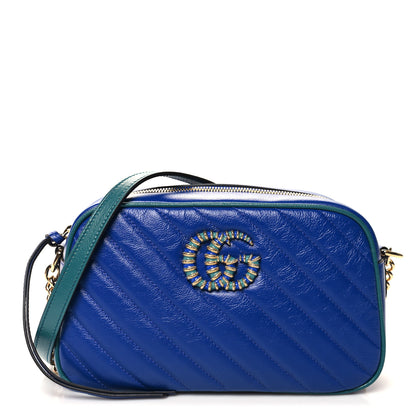 Gucci Azalea Calfskin Enamel Matelasse Diagonal Small Torchon GG Marmont Chain Shoulder Bag Imperial Blue Pavone 1 of 10