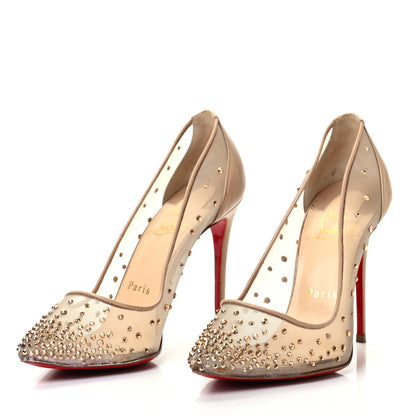 Christian Louboutin Suede Silk Crystal Strass Follies 100 Pumps 35.5 Neutral 3 of 8