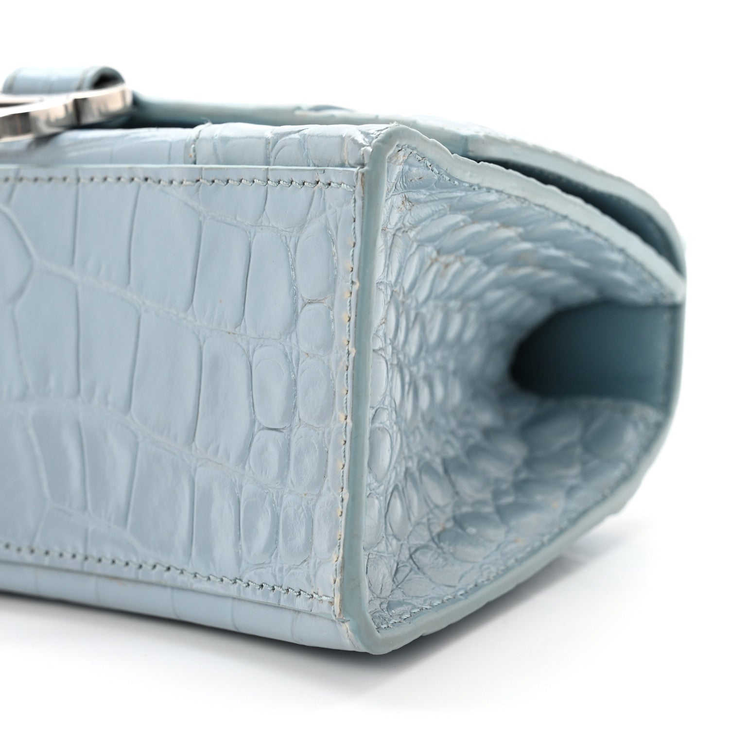 Balenciaga Shiny Calfskin Crocodile Embossed Hourglass Top Handle Bag XS Blue Grey 8 of 10