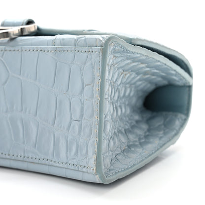 Balenciaga Shiny Calfskin Crocodile Embossed Hourglass Top Handle Bag XS Blue Grey 8 of 10