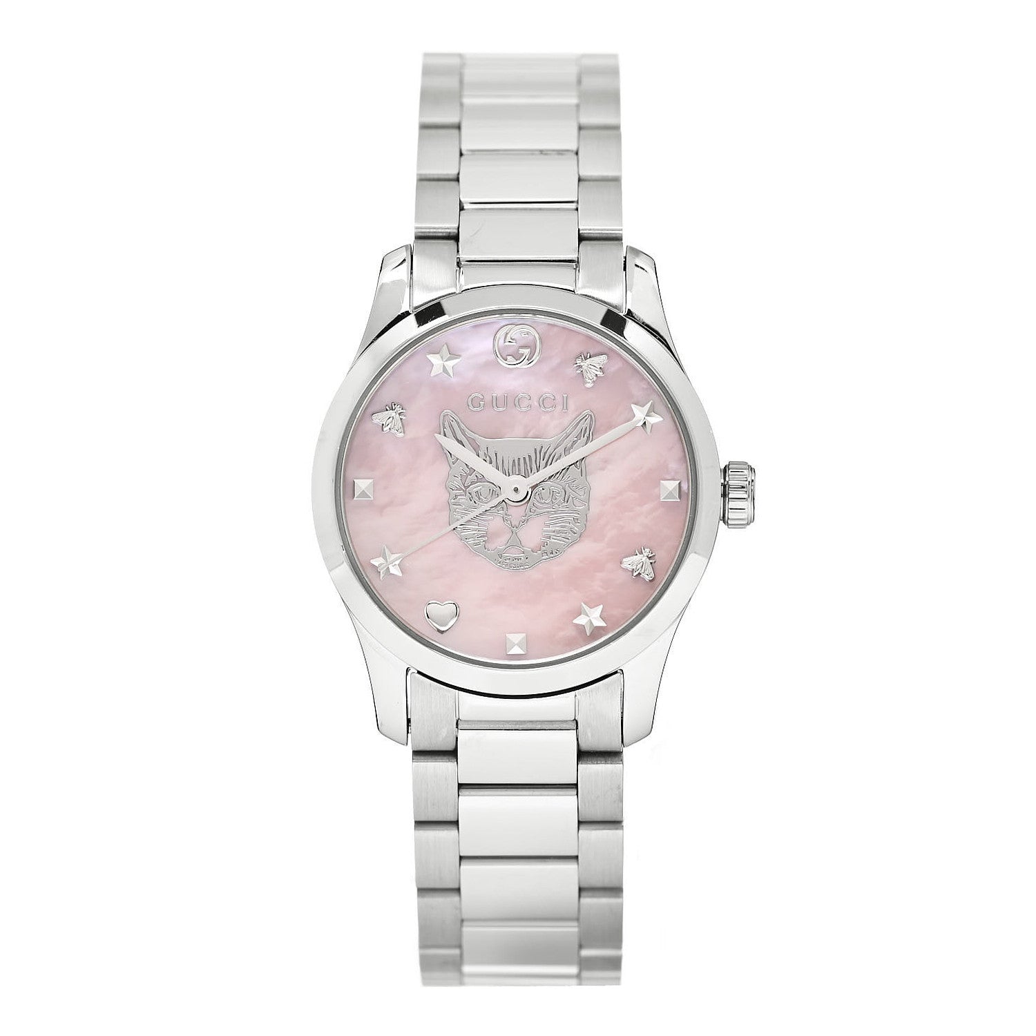 Gucci Stainless Steel Pink Mother of Pearl 27mm G-Timeless Cat Quartz Watch 1 of 4
