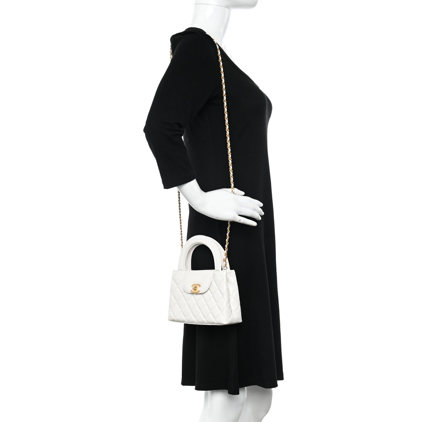 Shiny Aged Calfskin Quilted Nano Kelly Shopper White