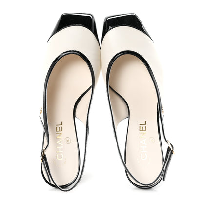 Chanel Lambskin Patent Calfskin Cap Toe CC Slingback Pumps 40 White Black 2 of 10