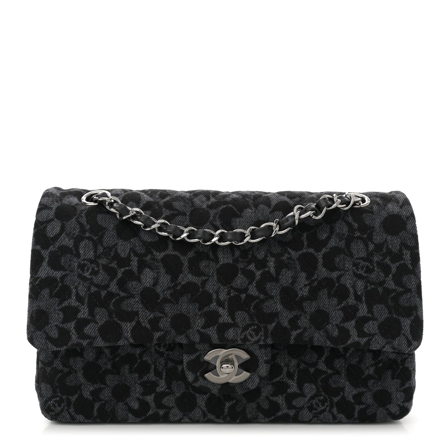 Printed Denim Quilted Flower Medium Double Flap Black