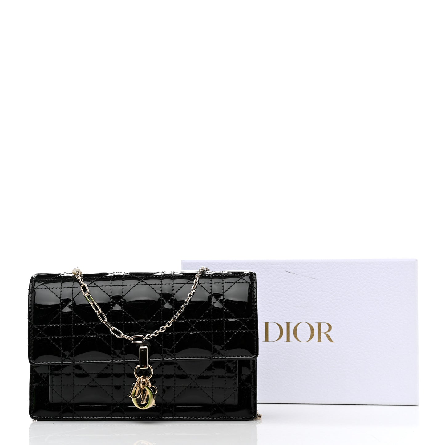 Patent Cannage Lady Dior Chain Pouch Black