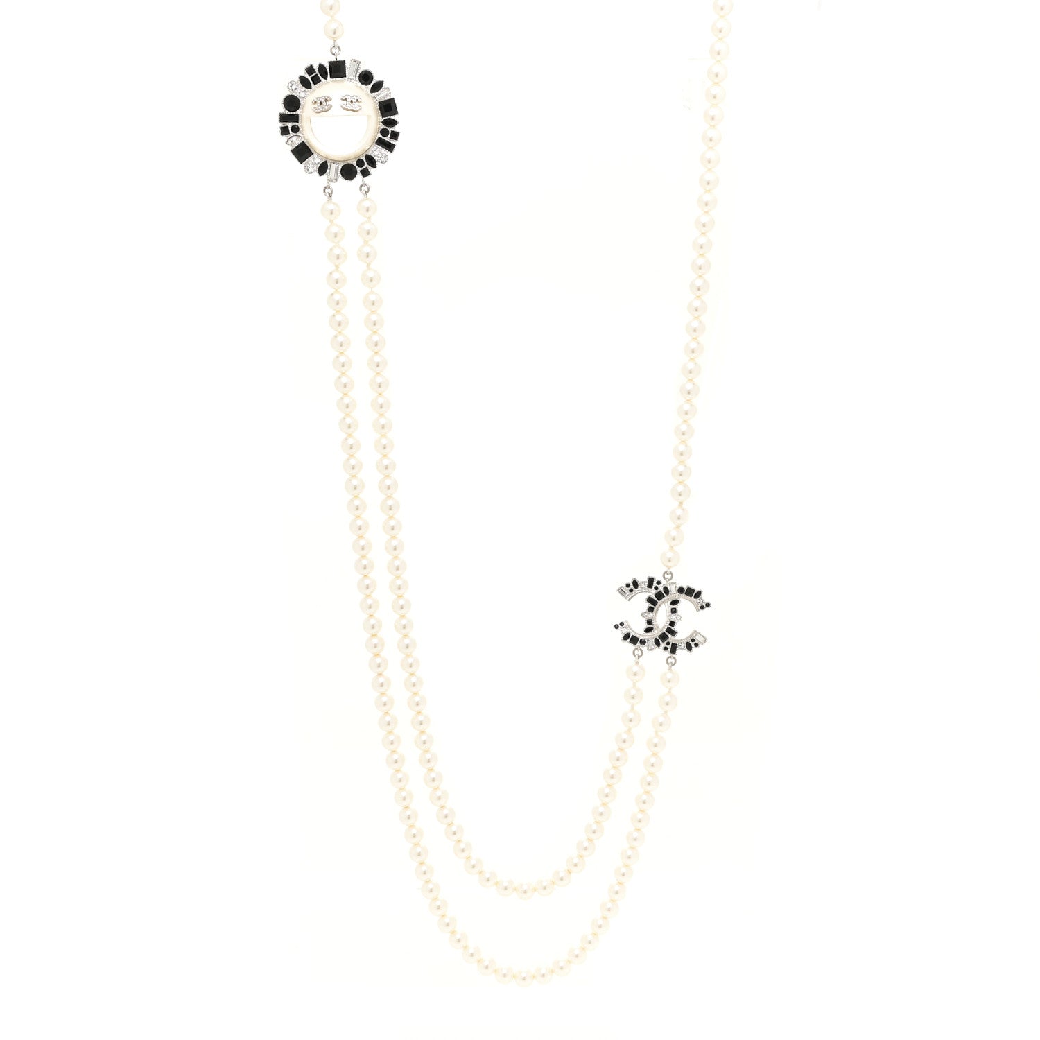 Chanel Bead Crystal Multi Strand CC Smiley Emoji Necklace Silver Black 1 of 5