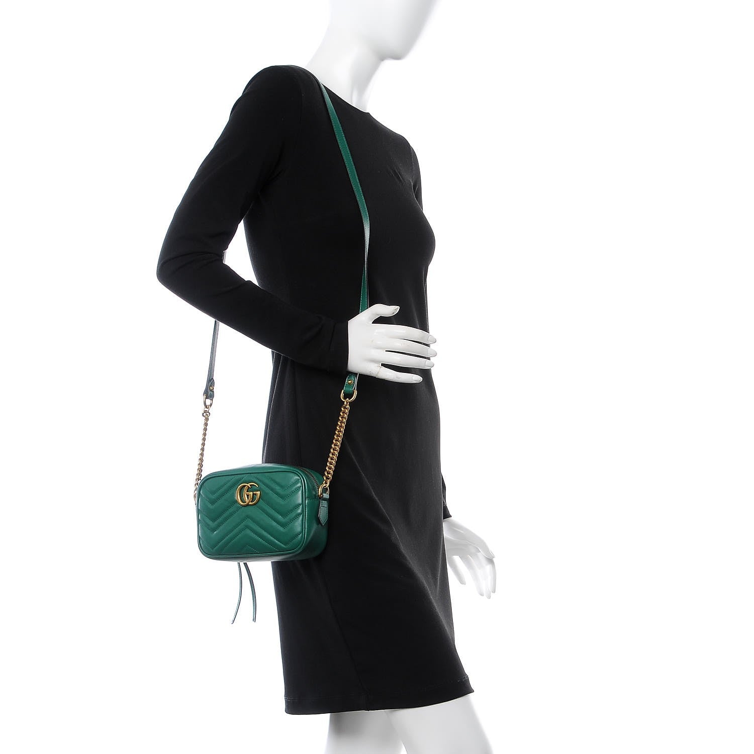 Gucci Calfskin Matelasse Mini GG Marmont Chain Shoulder Bag Emerald Green 2 of 7