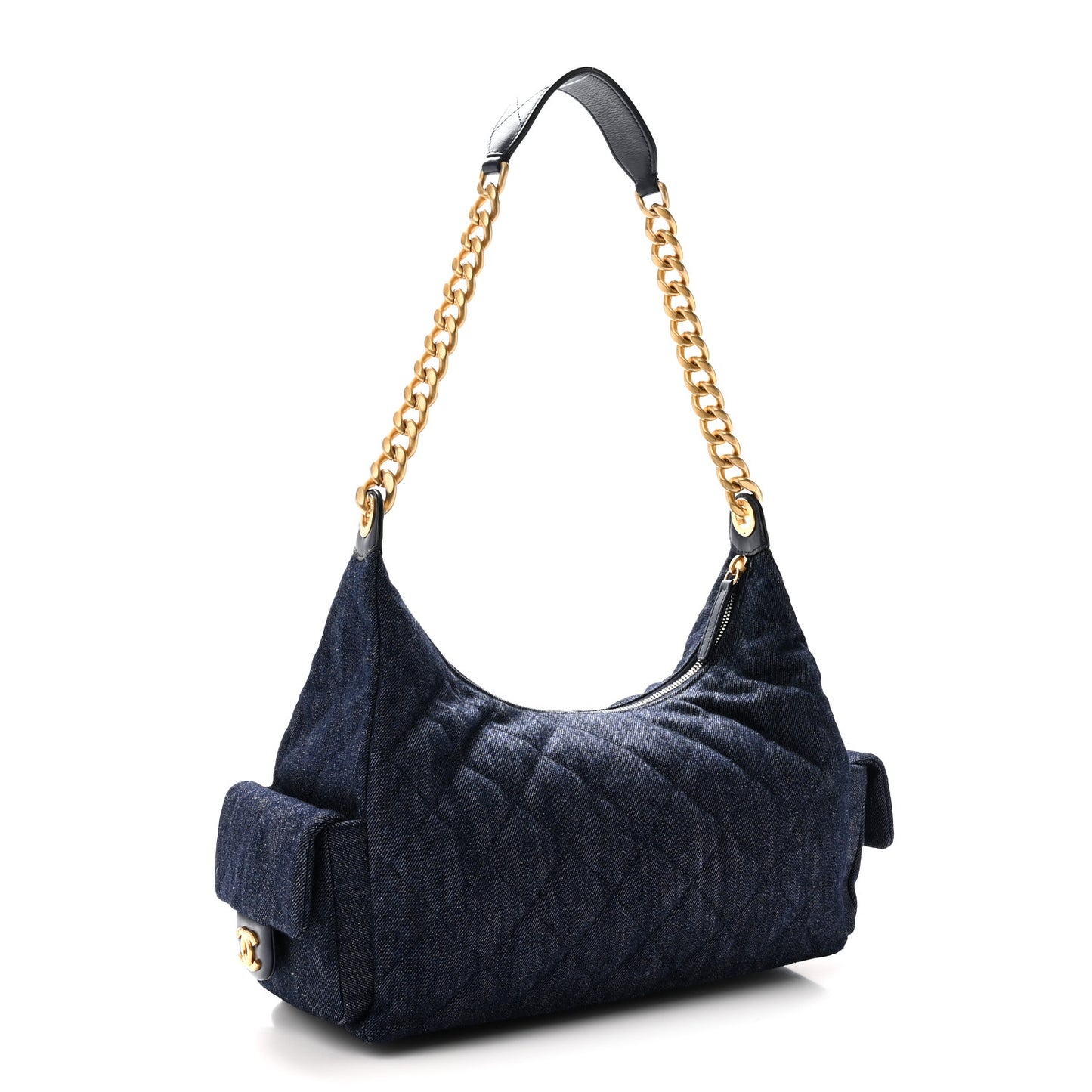 Washed Denim Quilted Large Trendy Pockets Hobo Dark Blue