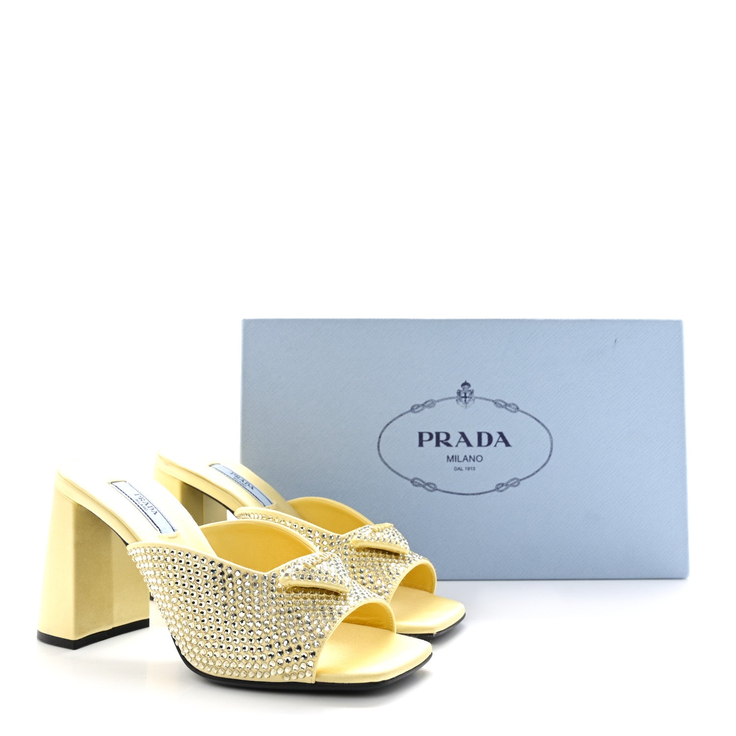 Prada Satin Crystal Logo 90mm Slide Sandals 36 Ananas 8 of 8