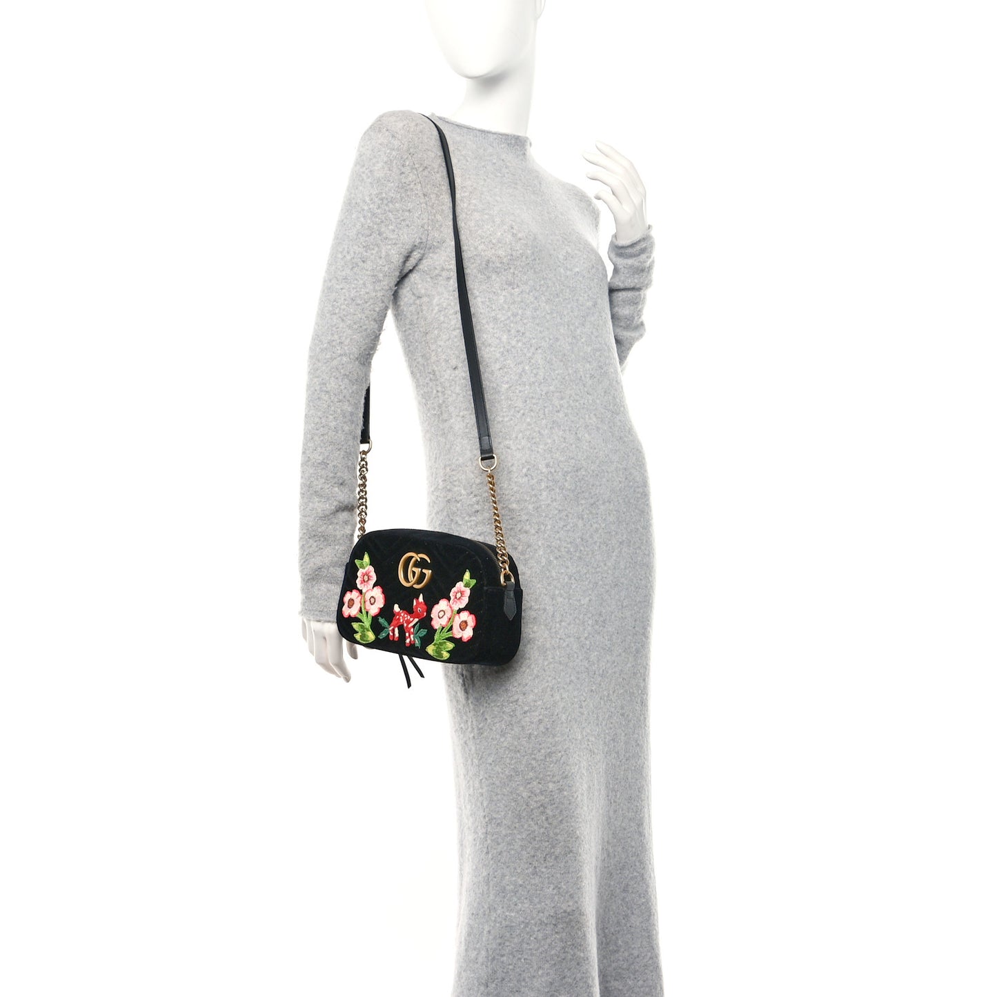 Velvet Matelasse Deer Embroidered Small GG Marmont Chain Shoulder Bag Black