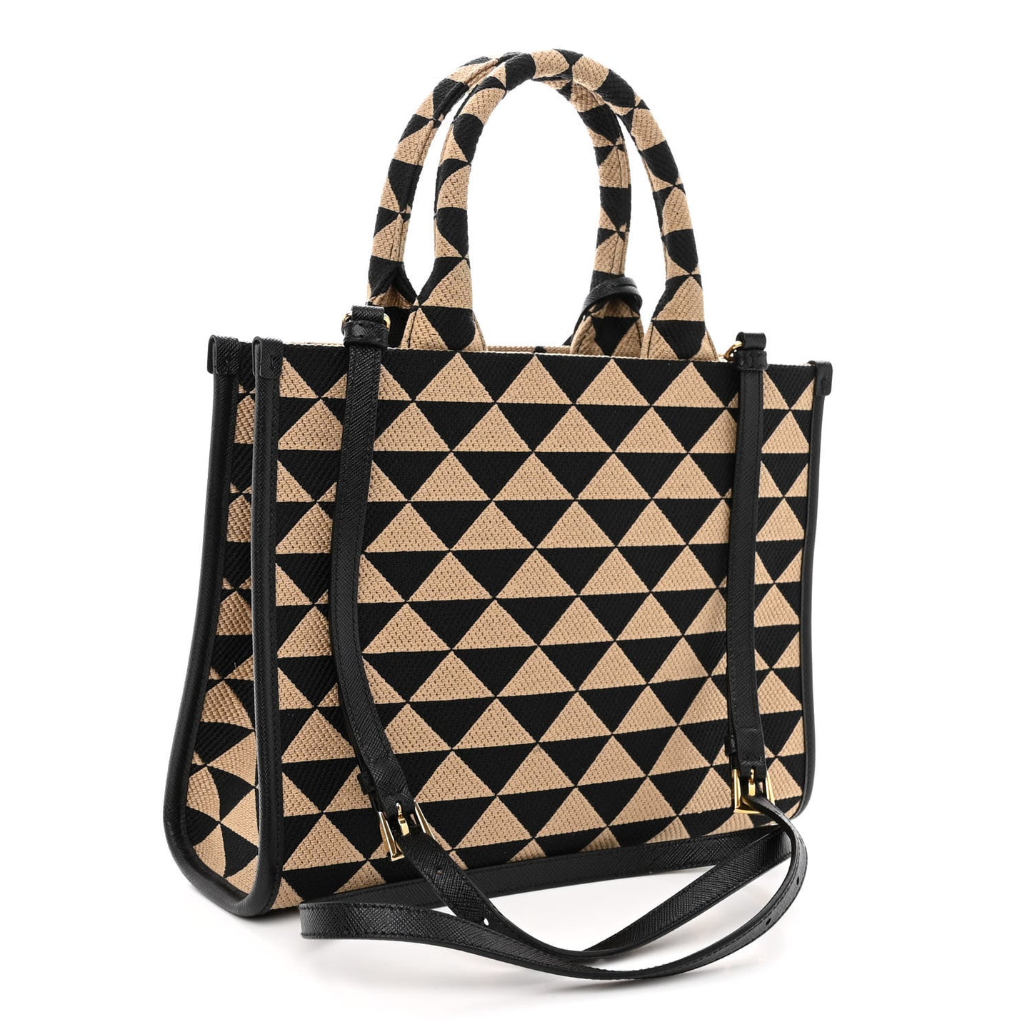 Jacquard Saffiano Triangolo Symbole Embroidered Small Tote Black Corda