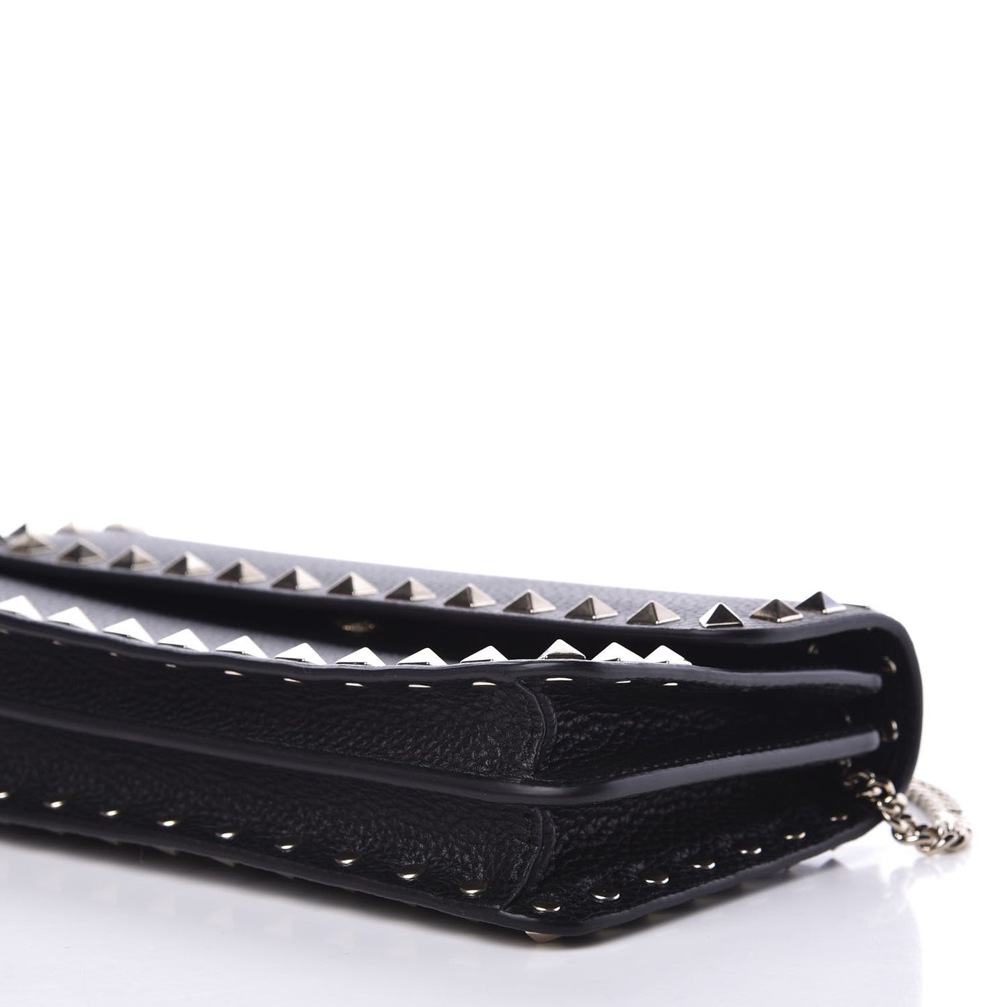 Pebbled Calfskin Rockstud Flap Wallet On Chain Black