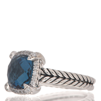 David Yurman Sterling Silver Diamond Hampton Blue Topaz 9mm Chatelaine Pave Bezel Ring 54 6.75 3 of 7