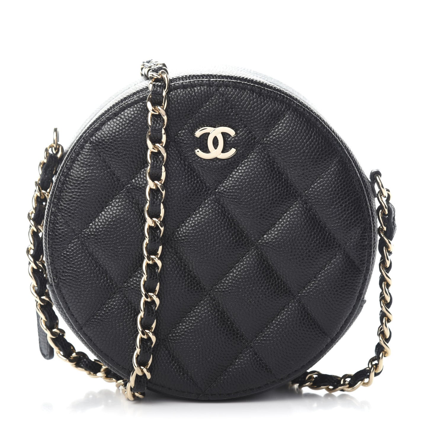 Caviar Quilted Round Clutch With Chain Black