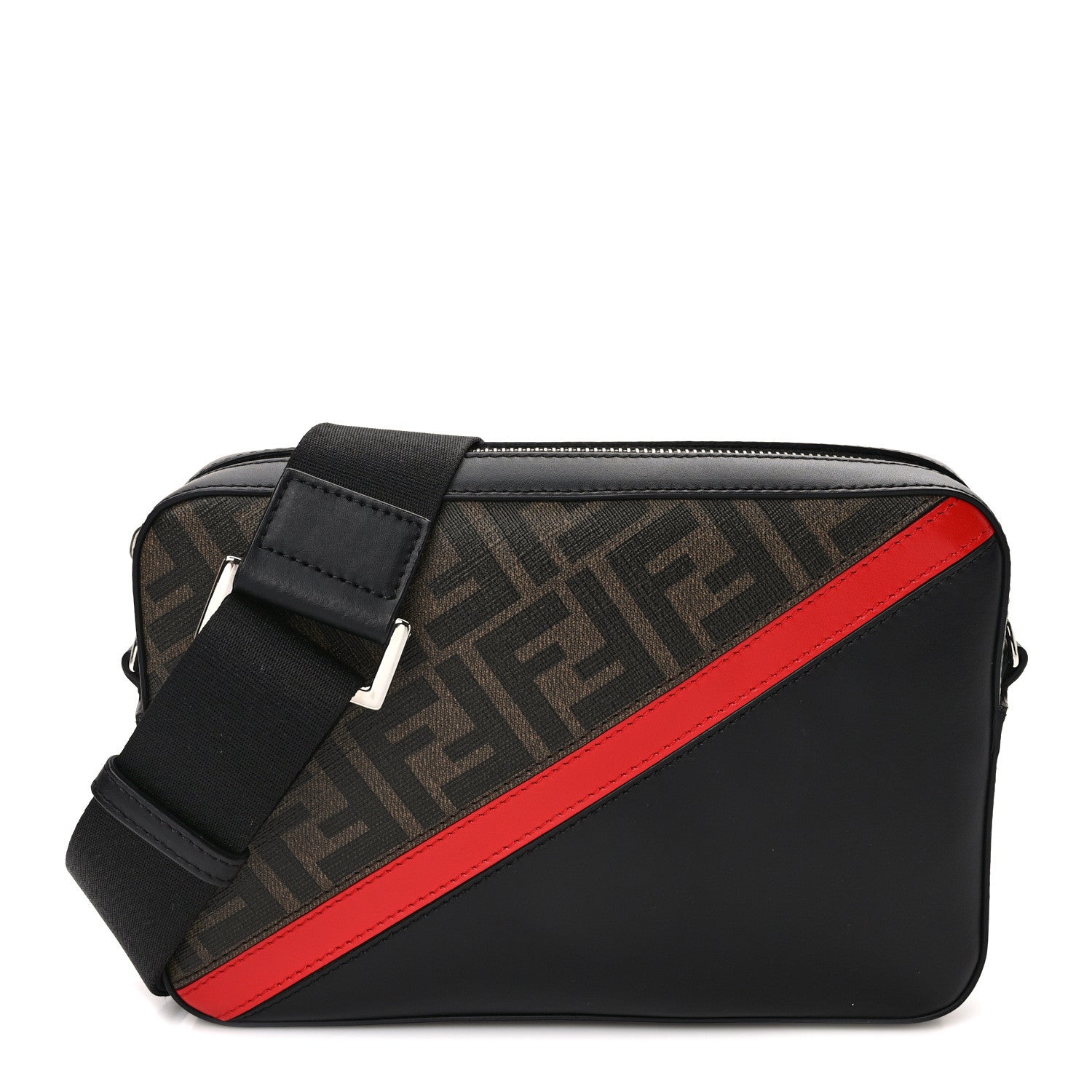 Fendi Glazed Fabric Vitello Liberty FF 1974 Diagonal Camera Case Tobacco Rosso Black 1 of 10