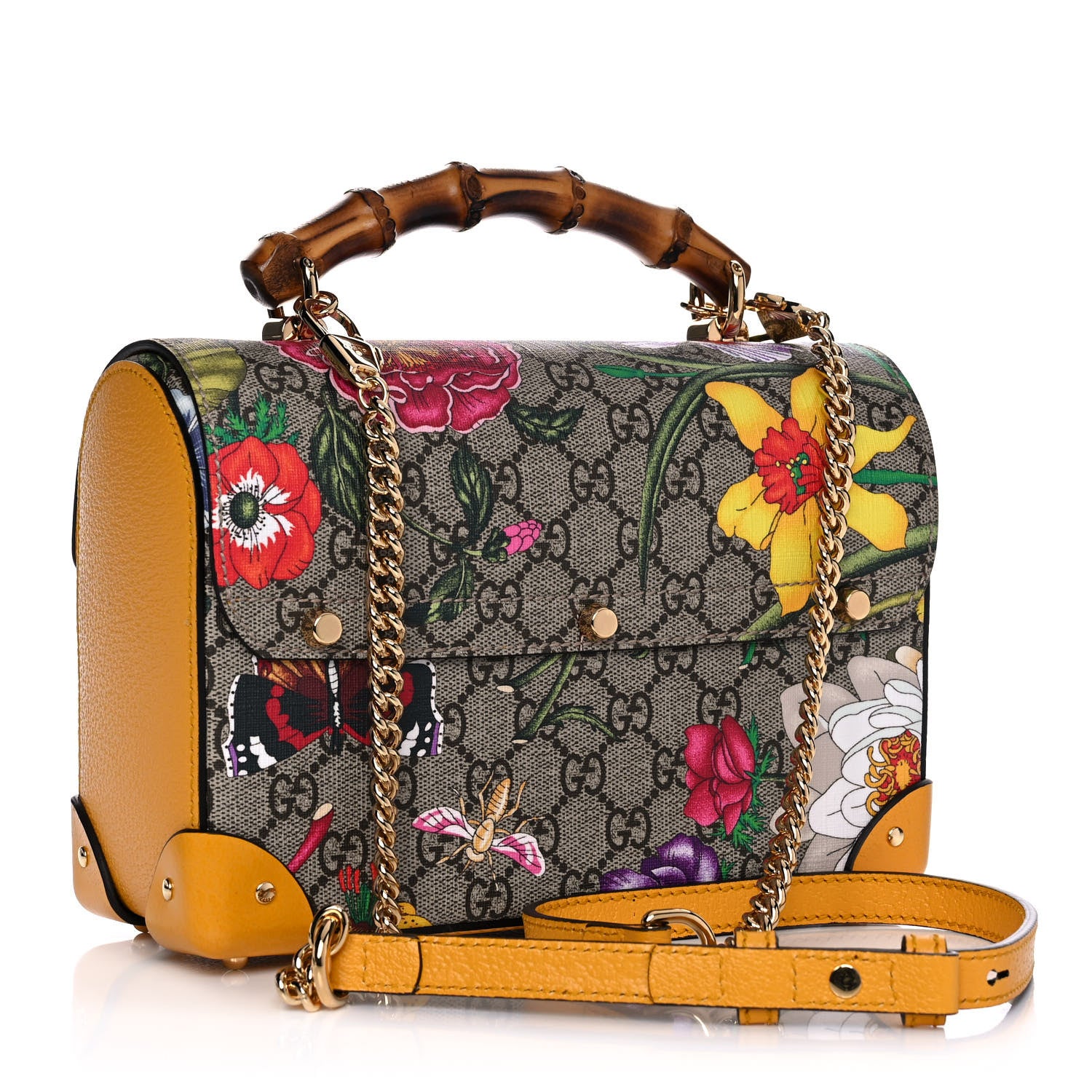 Gucci GG Supreme Monogram Flora Small Padlock Bamboo Shoulder Bag Beige Multicolor Crop 3 of 13