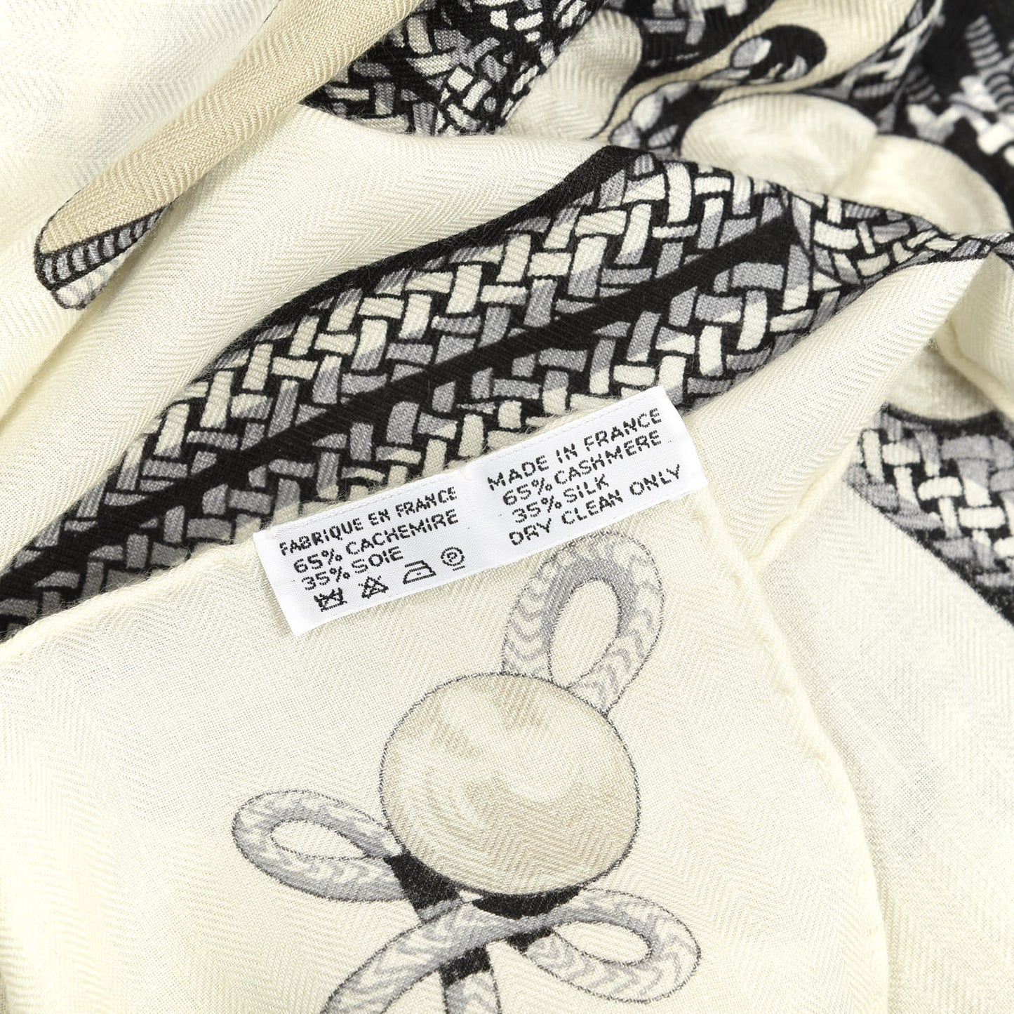 Cashmere Silk Brandebourgs Shawl 140 White Black Mastic