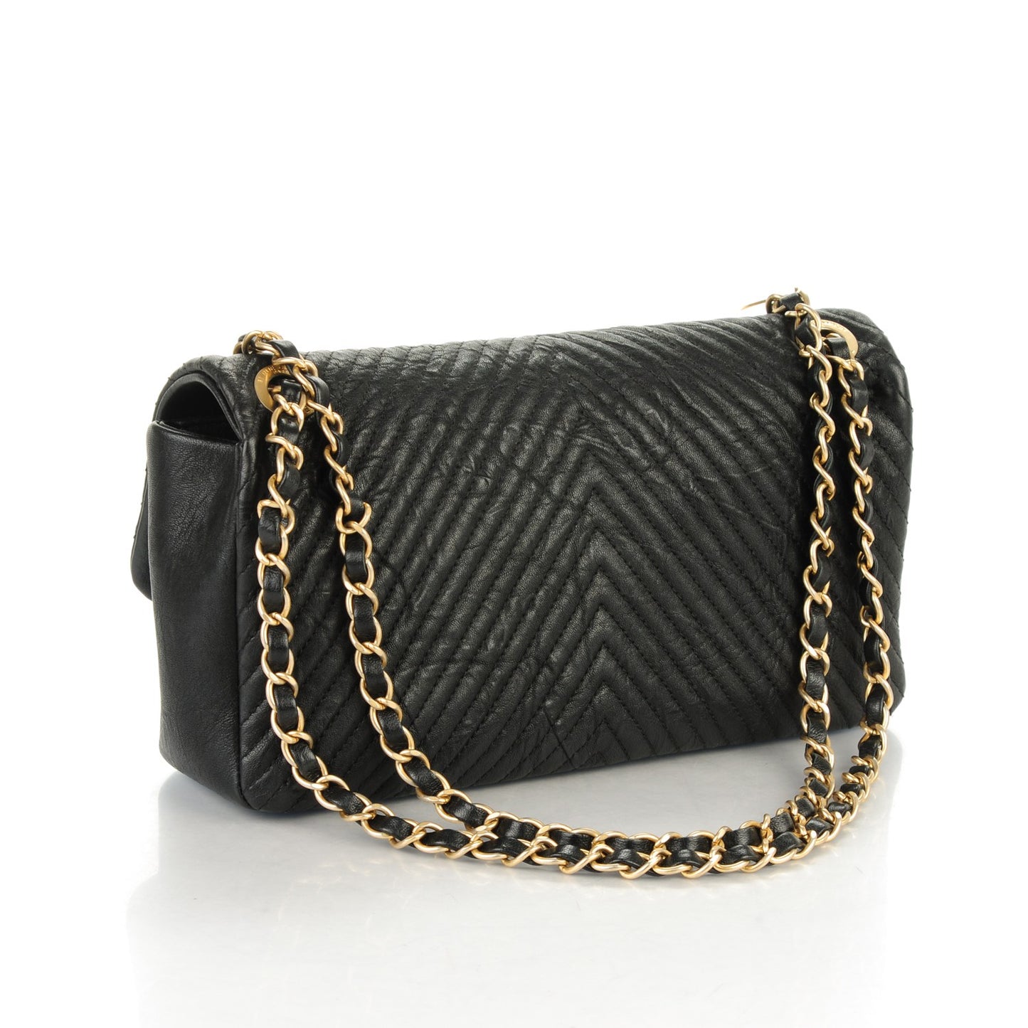 Wrinkled Lambskin Chevron Quilted Medium Flap Black