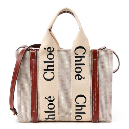 Chloe Cotton Calfskin Small Woody Ribbon Tote With Strap White Brown 1 of 12